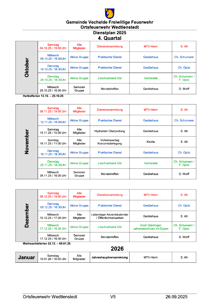 Der Dienstplan 1. Quartal 2025