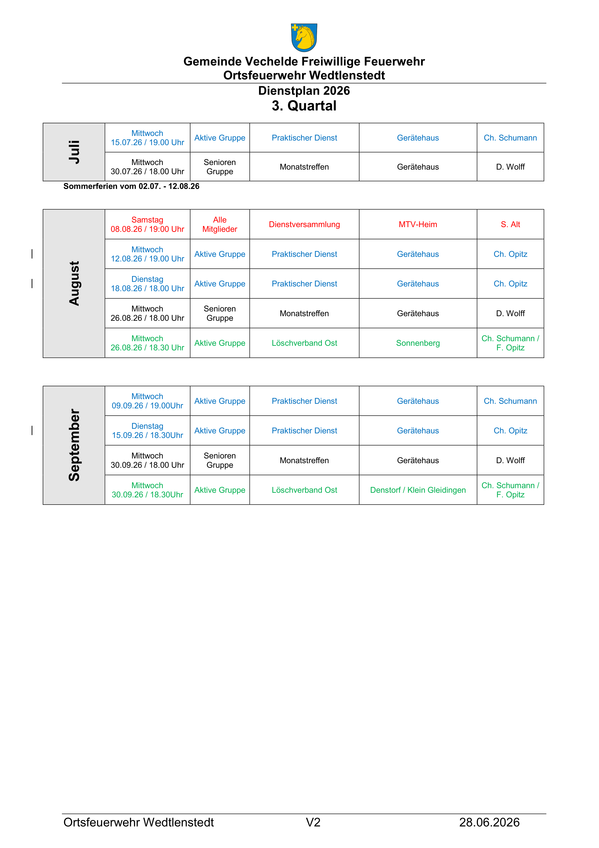 Der Dienstplan 3. Quartal 2026